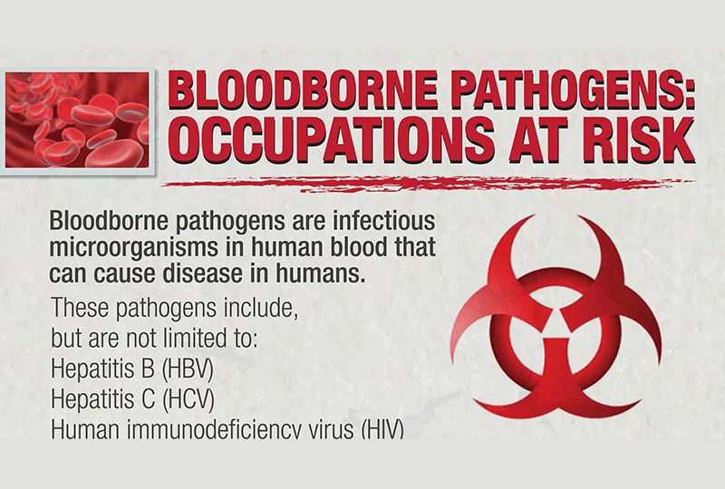 Bloodborne pathogens risk warning with biohazard symbol.