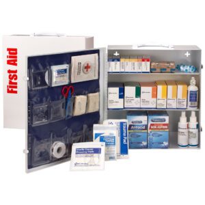 First aid kit with medical supplies.