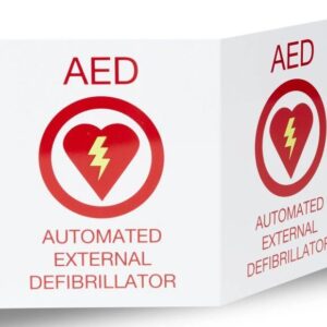 AED sign with heart and lightning symbol.