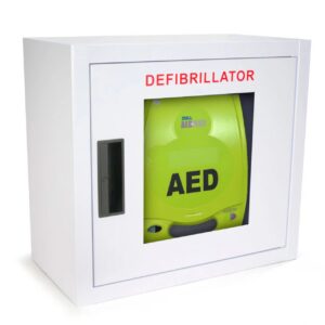 White defibrillator cabinet with AED inside.