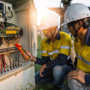 Technicians inspecting electrical panel outdoors.