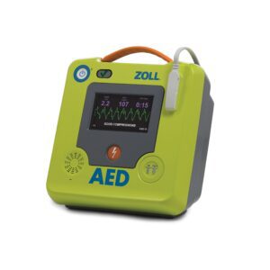 AED device with display and controls.