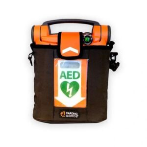 Orange AED device in protective carrying case.