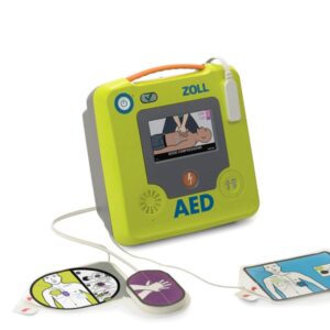 Automated external defibrillator with electrode pads.