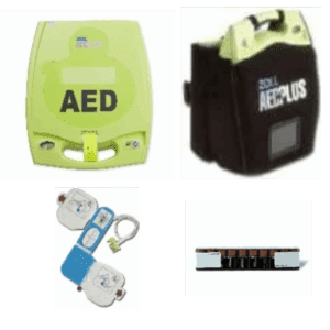 AED devices and accessories in a collage.