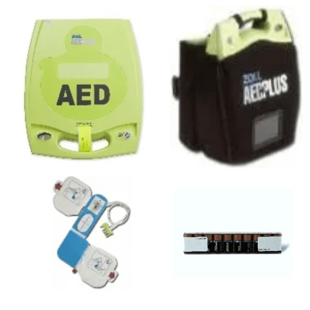 AED devices and accessories in a collage.