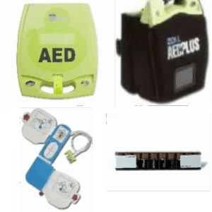 AED devices and accessories in a collage.