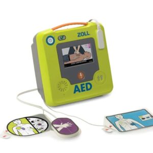 Automated external defibrillator with instructional screen.