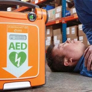 AED device next to CPR on person.