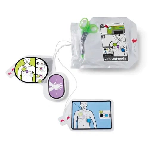 CPR training pads with instructional diagrams.