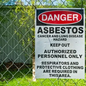 Warning sign about asbestos hazard and safety precautions.