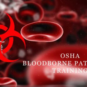 Red blood cells with a biohazard symbol and OSHA training text.